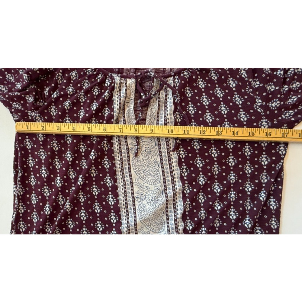 Lucky Brand Boho Blouse Small Burgundy Peasant Top Tie Neck Ruffle Hem Casual - Picture 9 of 9